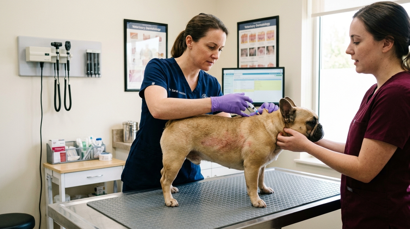 Veterinarian administering subcutaneous injection of Cytopoint into dorsal scruff of calm French Bulldog with allergic dermatitis