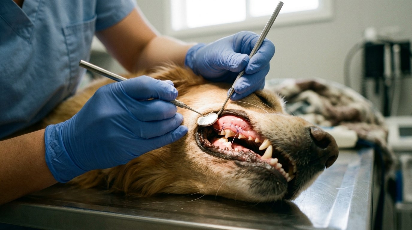Clinical macro inspection of healed canine gingival flap with fine absorbable sutures