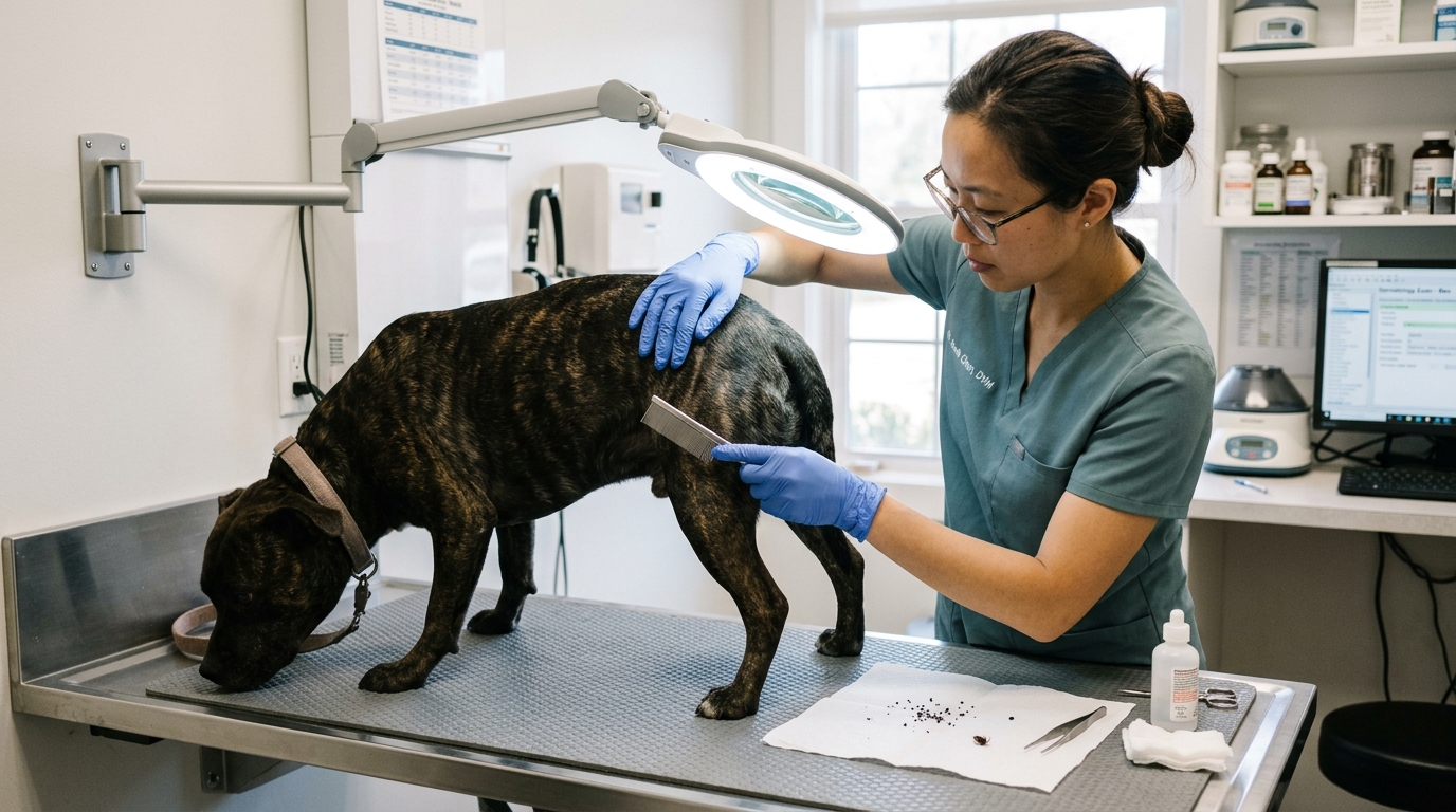 Veterinarian conducting canine flea comb dermatological examination and microscopic ectoparasite identification under illuminated medical lamp