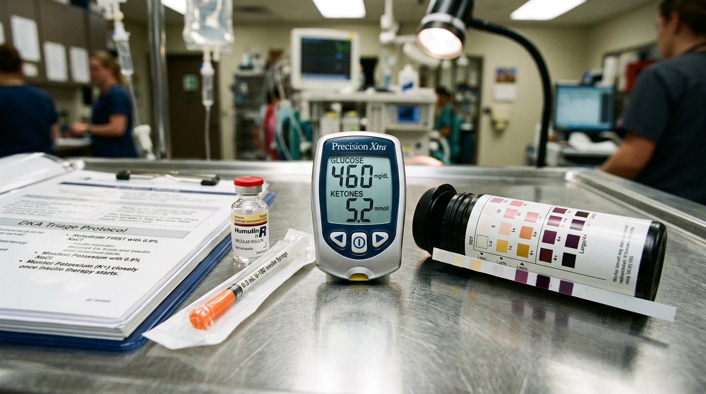 Veterinary diabetes monitoring equipment including glucometer, insulin syringes, and glucose curve documentation chart.