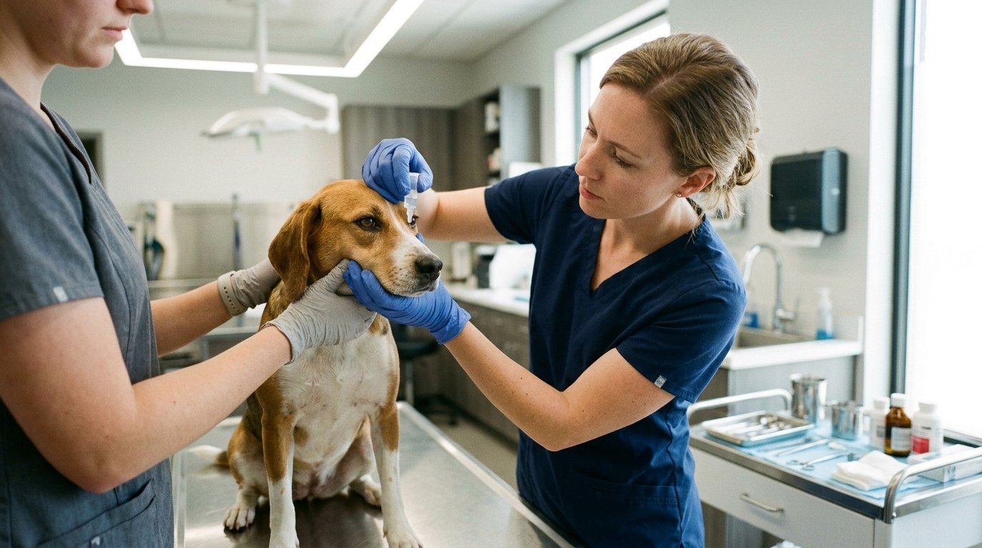 Veterinary administration of subconjunctival apomorphine for controlled canine emesis