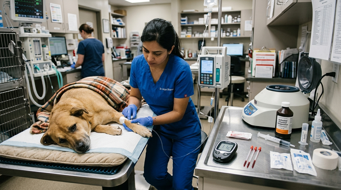 Figure 2: Canine Emergency Hospital Decontamination & ICU Triage — Critical care intervention administering precision IV diuresis, serial blood glucose/electrolyte monitoring, and repeated activated charcoal binding to prevent systemic toxic absorption and acute renal/hepatic failure.