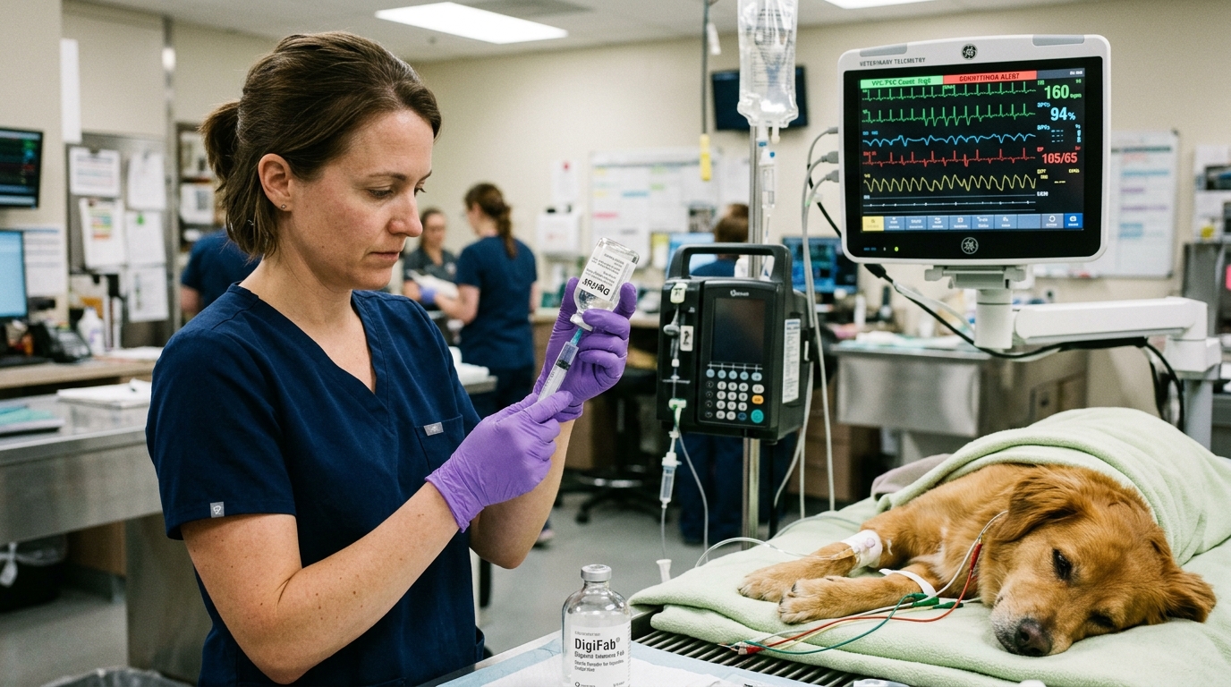 Veterinary critical care specialist preparing DigiFab antidote vial beside recumbent canine patient on telemetry ECG monitor