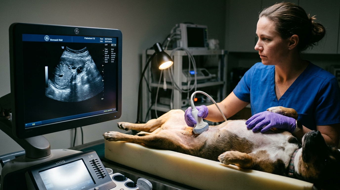 Veterinary epigastric abdominal ultrasonography diagnosing gastric mucosal ulceration and mural thickening in a canine patient