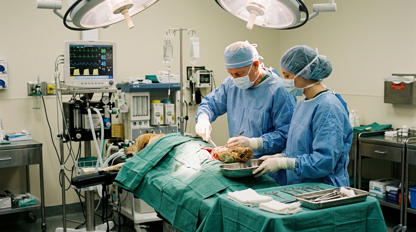 Veterinary surgical team performing emergency gastrotomy on anesthetized dog to extract dense impacted bone meal mass