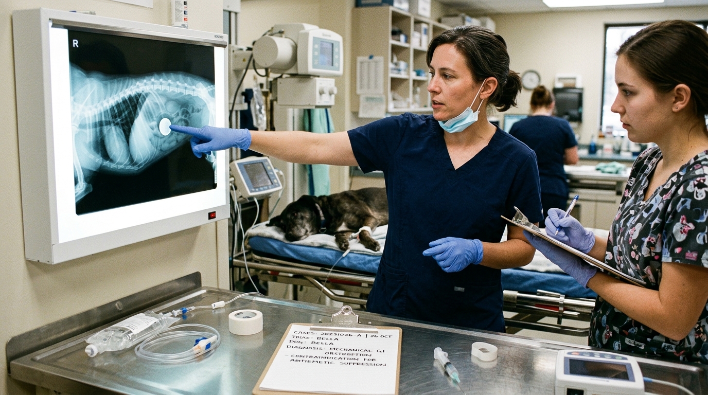 Emergency veterinary clinician pointing to illuminated canine abdominal radiograph showing discrete radiopaque gastric foreign body obstruction