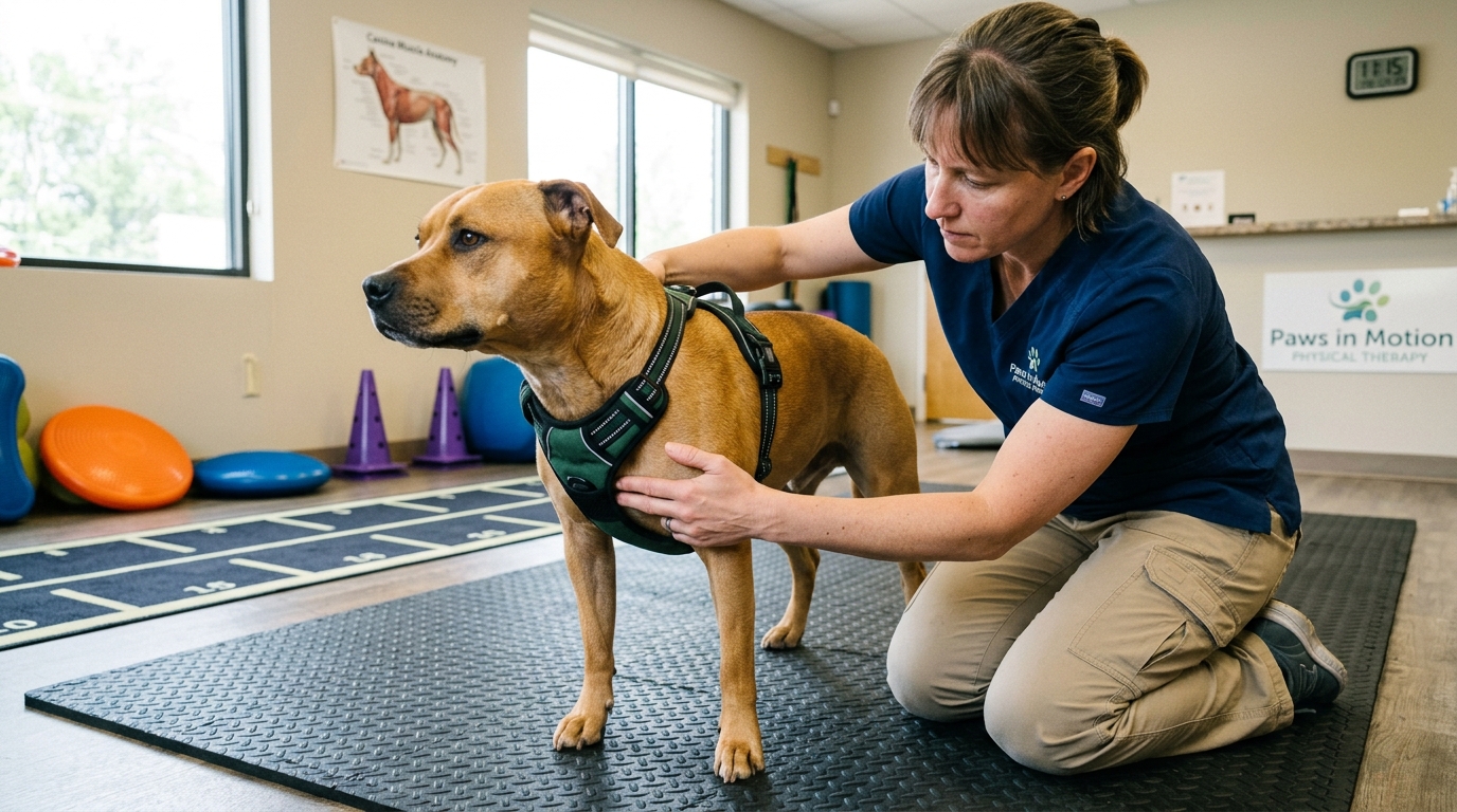 Figure 2: Six-Point Biomechanical Fit Inspection — A veterinary physical rehabilitation specialist performing the two-finger fit check beneath the chest strap of a Y-harness, confirming full scapular freedom of movement and armpit clearance on a non-slip clinic mat.