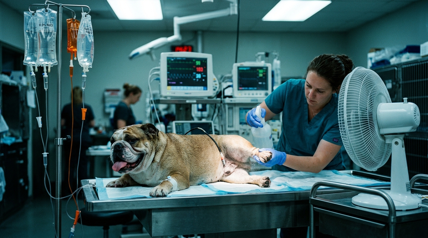 Figure 2: ICU Evaporative Cooling & Thermal Resuscitation — Hospital stabilization of an overheated brachycephalic patient receiving controlled tepid water misting and convective fan airflow, monitored with a continuous rectal probe to safely halt cooling at 39.4°C.