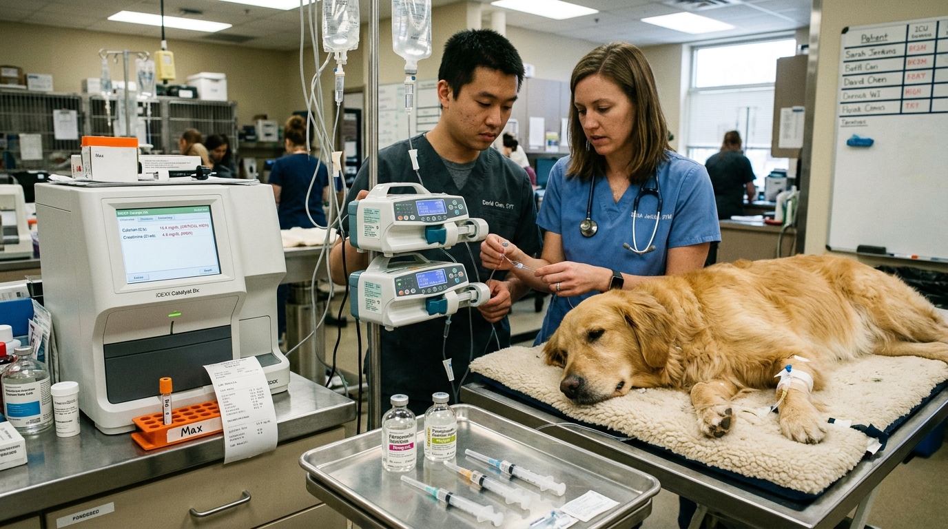Veterinary criticalists treating canine patient in ICU with dual infusion pumps and blood chemistry analyzer displaying high calcium