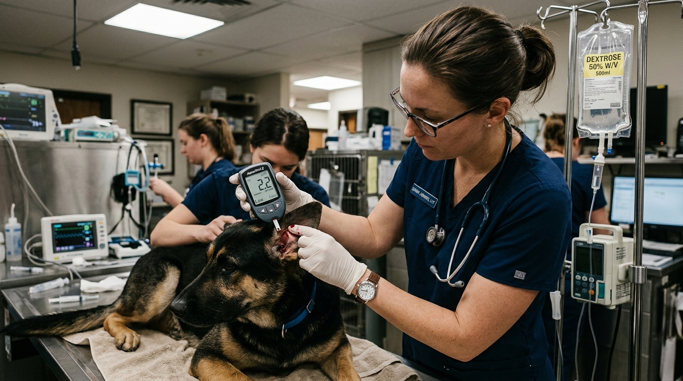 Veterinary technician testing blood glucose with glucometer reading hypoglycemia beside an IV dextrose infusion bag