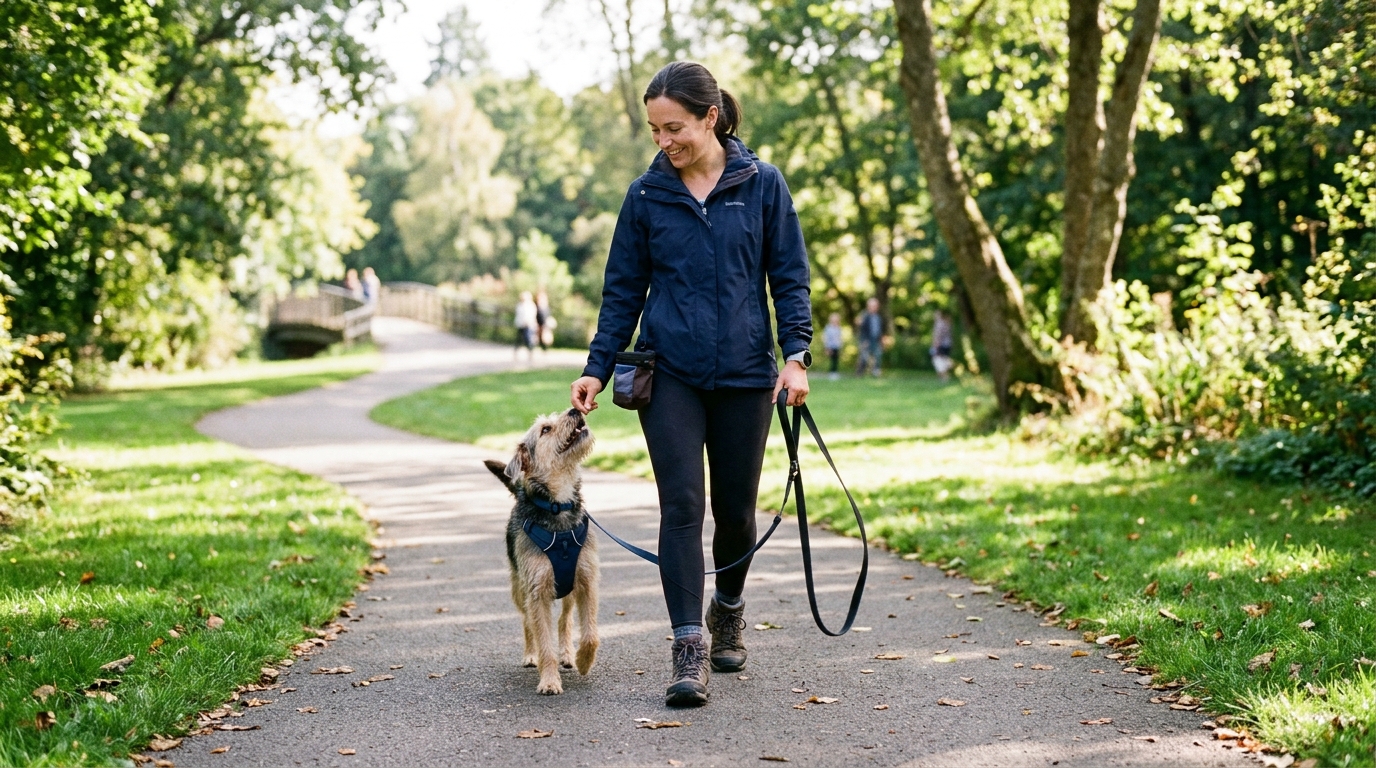 Figure 2: The J-Curve Leash & Hip-Seam Reinforcement Zone — In-park loose-leash training demonstration showing a trainer delivering rewards at the hip seam while maintaining a relaxed, slack J-curve leash with no pulling or tension.
