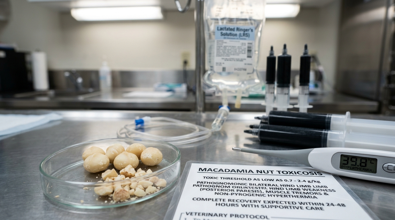 Glass bowl of macadamia nuts beside Canine Macadamia Toxicosis Protocol card, digital thermometer reading 39.8C hyperthermia, and Lactated Ringers IV bag