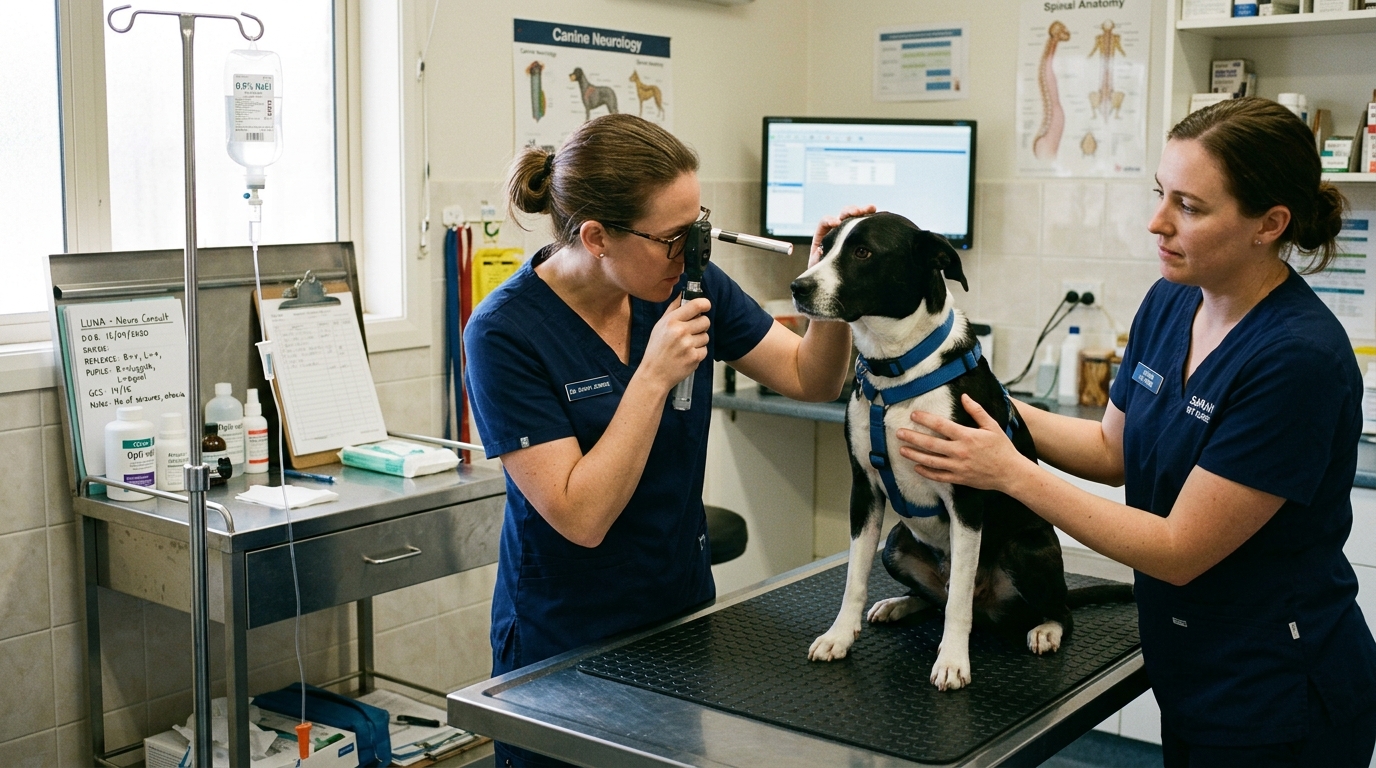 Veterinarian using ophthalmoscope evaluating eye reflexes of canine patient on exam table with IV infusion line