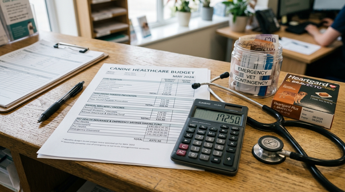 Figure 1: Canine Monthly Healthcare Budget & Sinking Fund Architecture — Macro financial planning exhibit outlining essential expenditure tiers (core nutrition, parasite prevention, annual wellness, insurance, and emergency reserve funds) beside veterinary diagnostics and cash reserves.