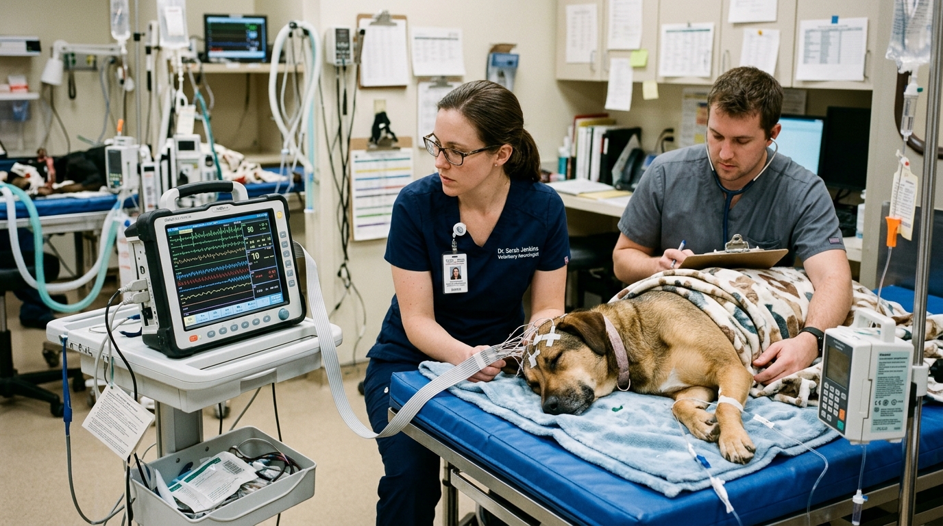 Veterinary neurologist and technician monitoring recumbent canine patient during post-ictal recovery with subdermal needle EEG brainwave telemetry