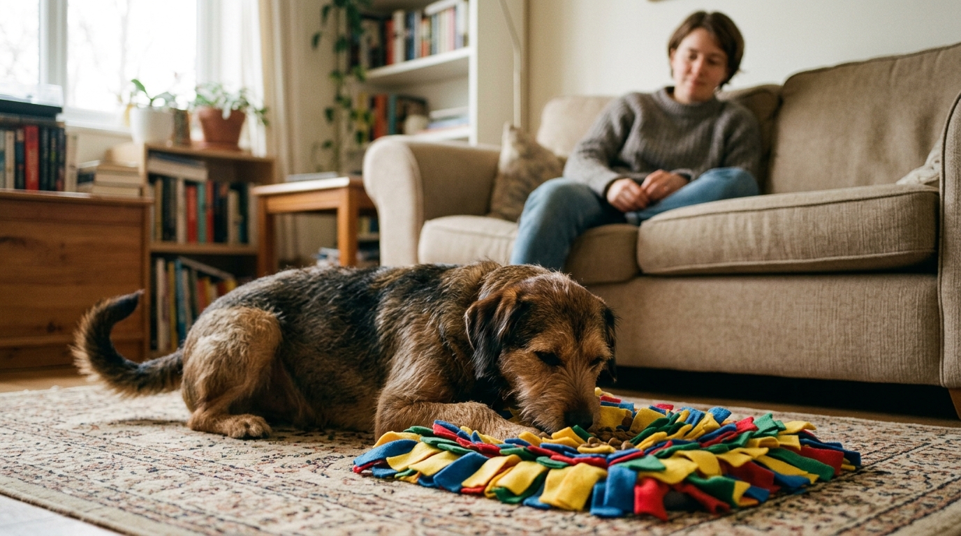Figure 2: Canine Olfactory Decompression & Autonomous Scent Work — A calm dog engaged in slow scent foraging across a soft snuffle mat on a living room rug, lowering heart rate and autonomic arousal while the caregiver observes passively.