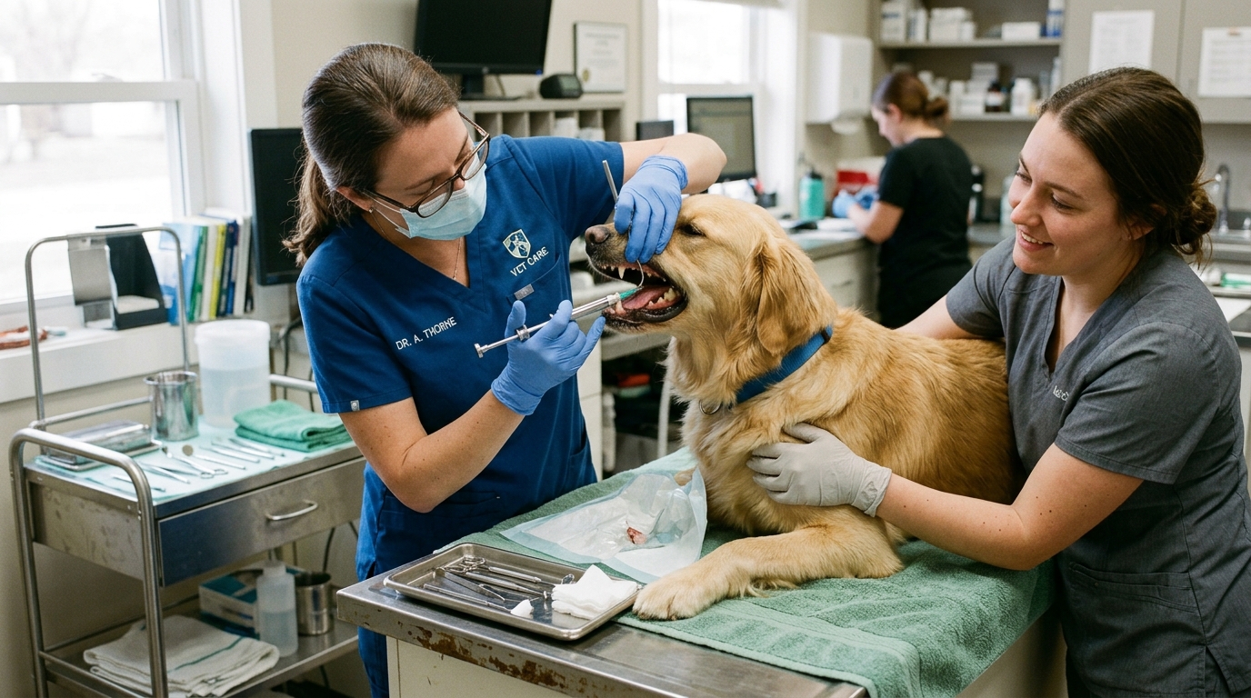 Veterinarian and assistant gently rinsing oral cavity and inspecting teeth and gums of a calm Golden Retriever in veterinary clinic