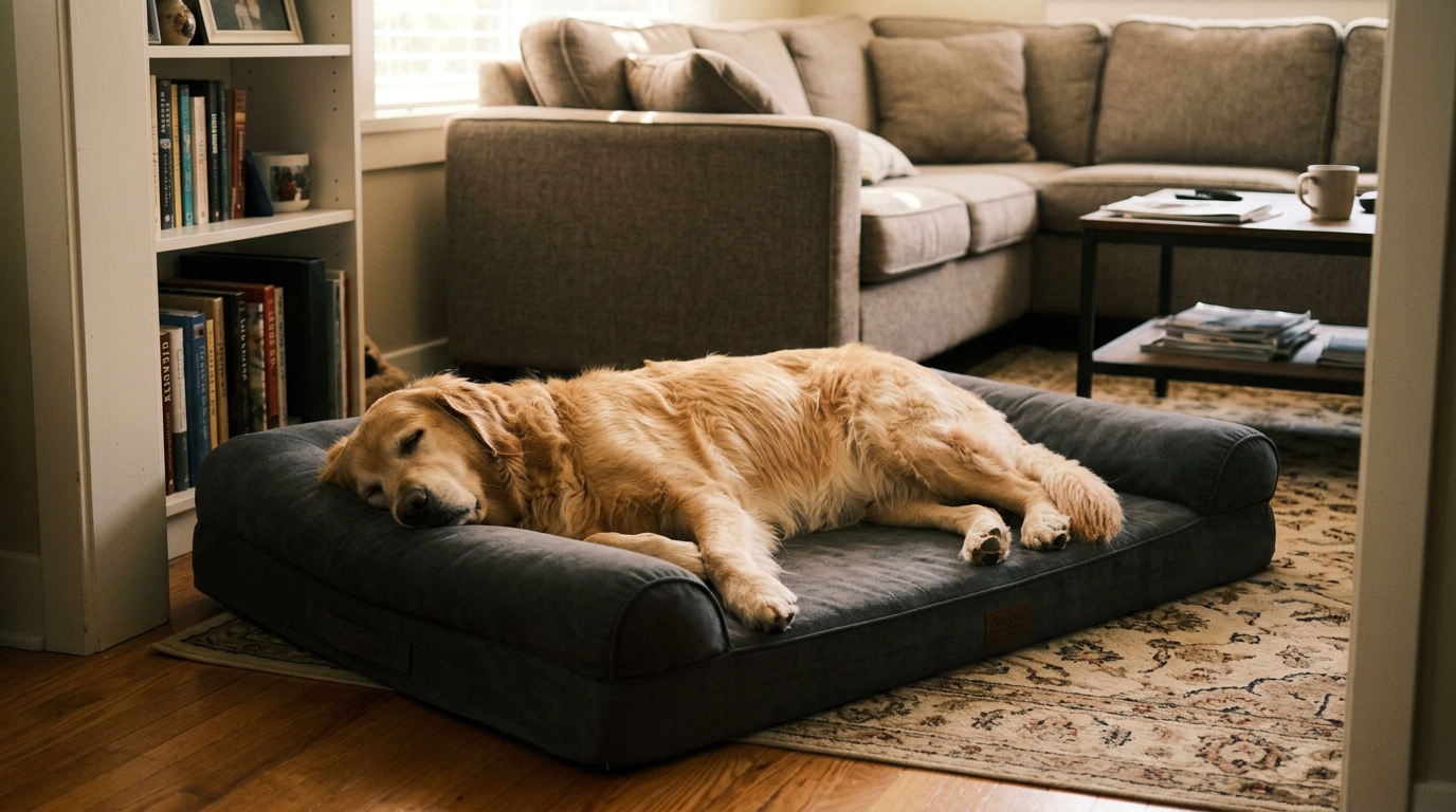 Figure 2: Ergonomic Canine Sleeping Recumbency & Bed Placement — A large dog stretched out fully on a supportive bolster bed positioned in a low-traffic corner on a non-slip rug, protecting joint health and sleep quality.