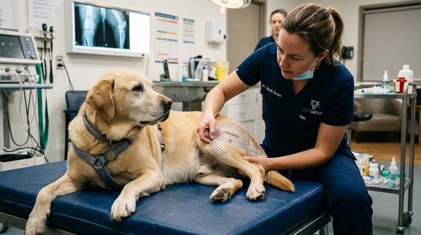 Veterinary orthopedic surgeon assessing coxofemoral joint range of motion with medical plastic goniometer on senior Labrador Retriever