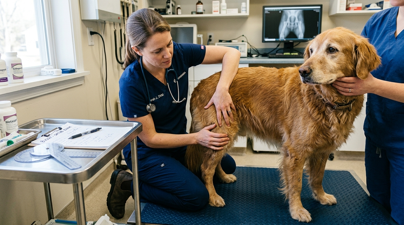 Canine mobility examination evaluating gait symmetry and lumbosacral flexion