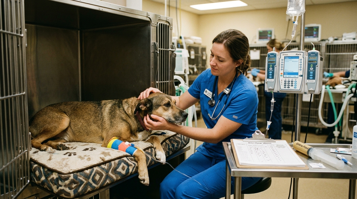 Veterinary intensive care fluid therapy and analgesia administration for acute canine pancreatitis