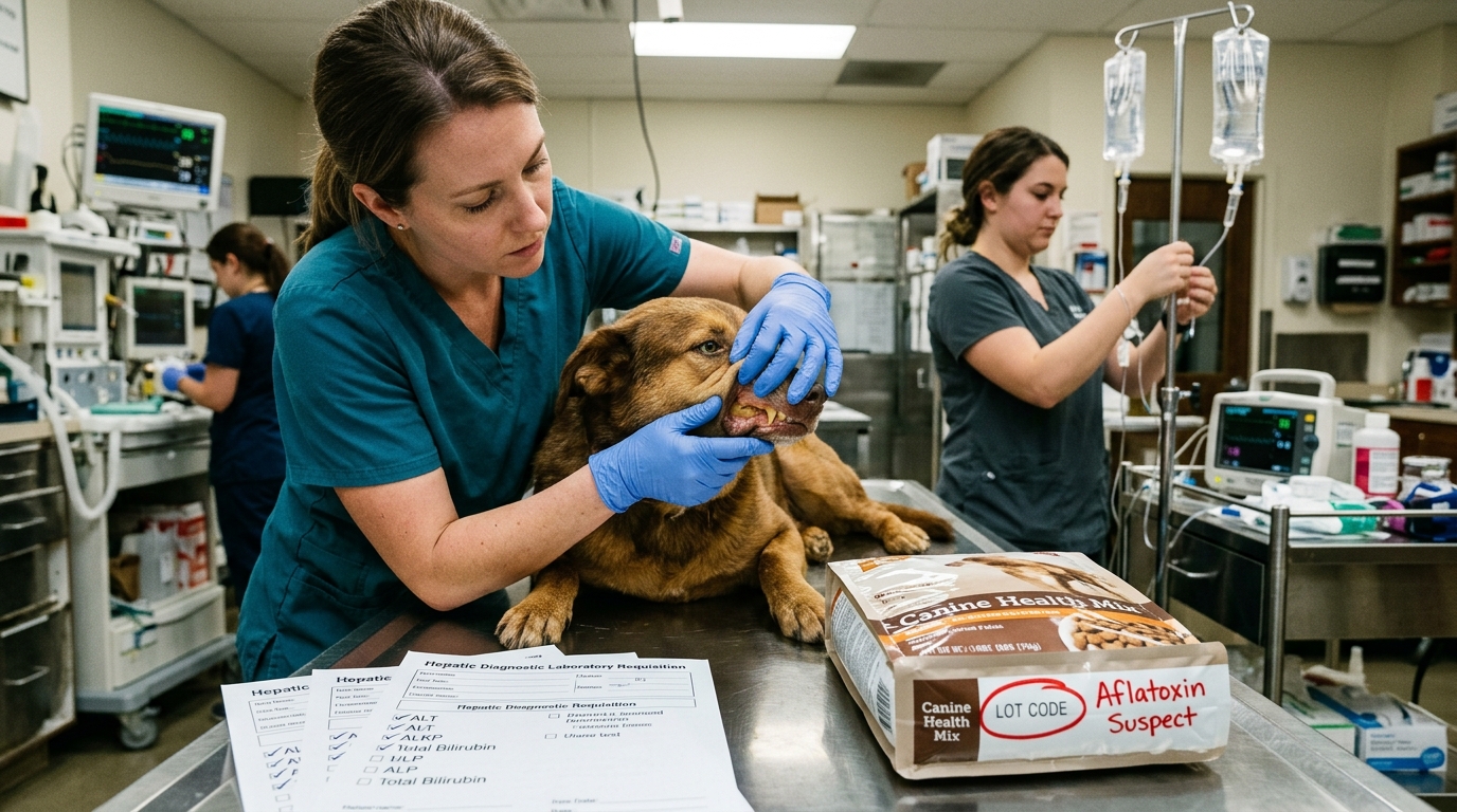 Figure 2: Emergency Clinical Triage for Contaminated Pet Food Exposure — Veterinary examination assessing oral mucous membranes for icterus and pallor in a canine patient exposed to recalled pet food, supported by urgent hepatic enzyme panels and IV fluid diuresis.
