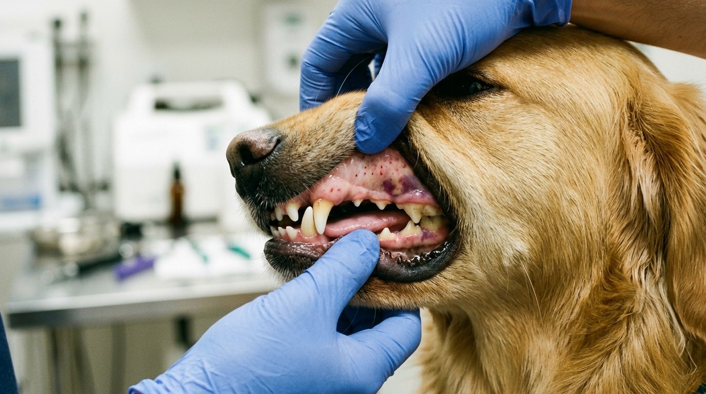 Clinical examination identifying petechiae and ecchymoses on canine oral mucosal membranes