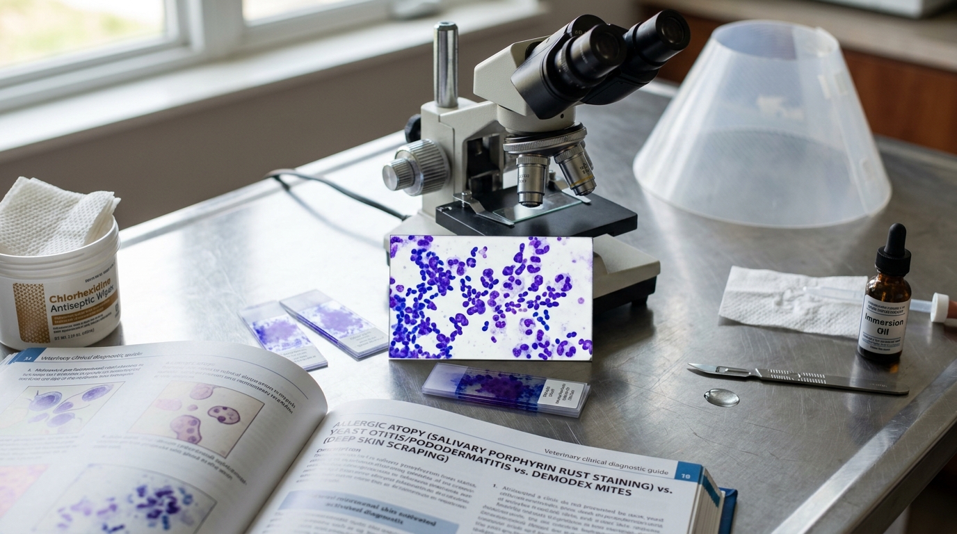 Microscopic tape-strip cytology displaying footprint-shaped Malassezia pachydermatis yeast organisms