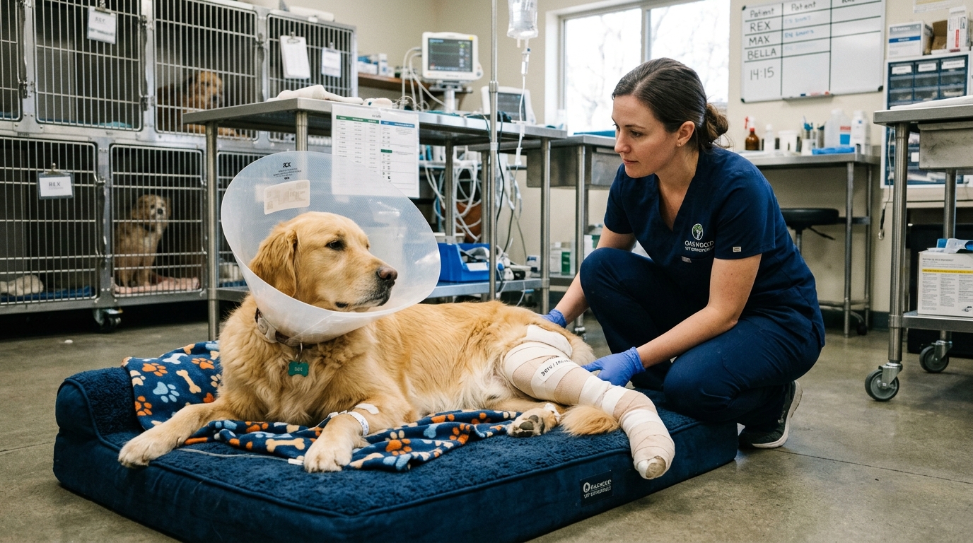Post-operative Golden Retriever wearing Elizabethan cone and knee bandage resting on orthopedic bed under veterinary nursing observation
