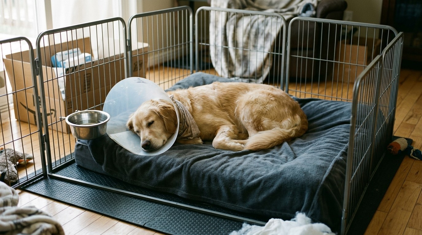 Spacious, padded recovery enclosure setup for dog recovering from orthopedic surgery
