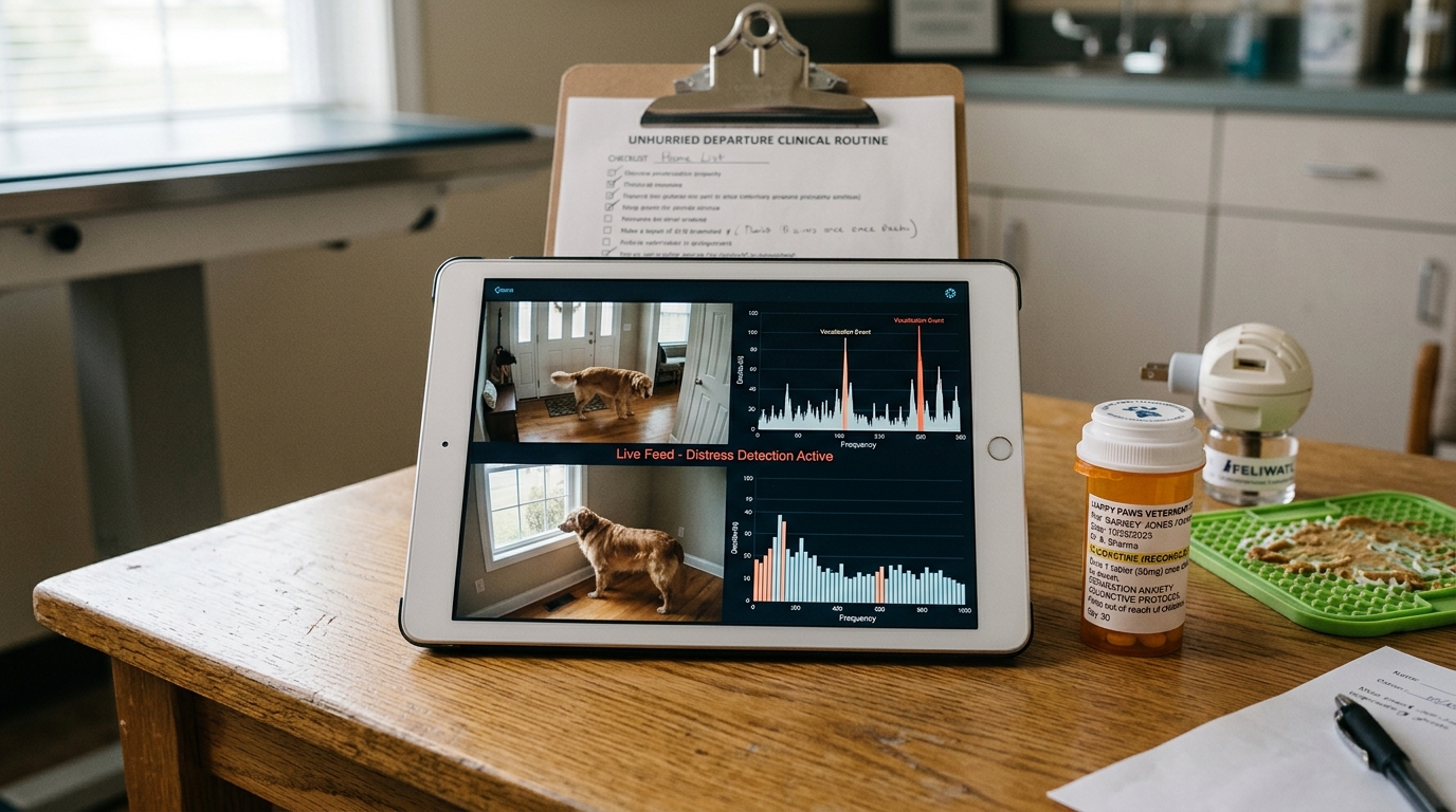 Figure 1: Canine Separation Anxiety Telemetry & Pharmacology Exhibit — Macro consultation view of remote video distress tracking (pacing, acoustic decibel spikes) alongside veterinary behavioral pharmacotherapy (Fluoxetine / Clomipramine), pheromone therapy, and structured departure protocols.
