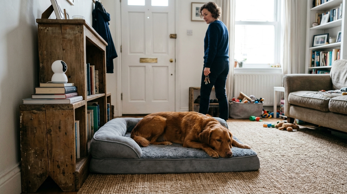 Figure 2: Subthreshold Departure Desensitization Routine — Systematic behavioral therapy session where a caregiver practices neutral handling of departure triggers (keys, door latch) while the patient remains resting calmly below panic threshold, monitored via remote telemetry.