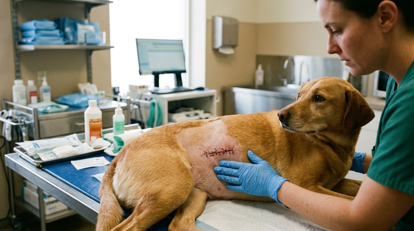 Clinical examination assessing post-operative fluctuant dead-space seroma along canine surgical incision