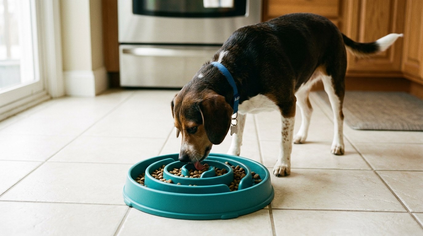 Slow feeder puzzle bowl designed to reduce ingestion speed and prevent aerophagia