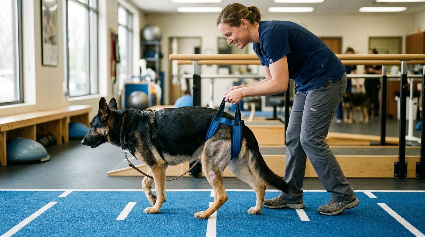Caregiver using supportive pelvic sling to assist paralyzed canine during controlled elimination walk