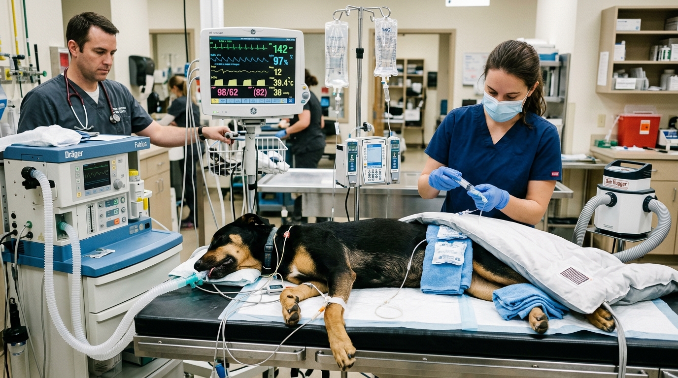 Veterinary critical care team managing intubated canine patient in ICU with multiparameter telemetry monitor and cooling packs