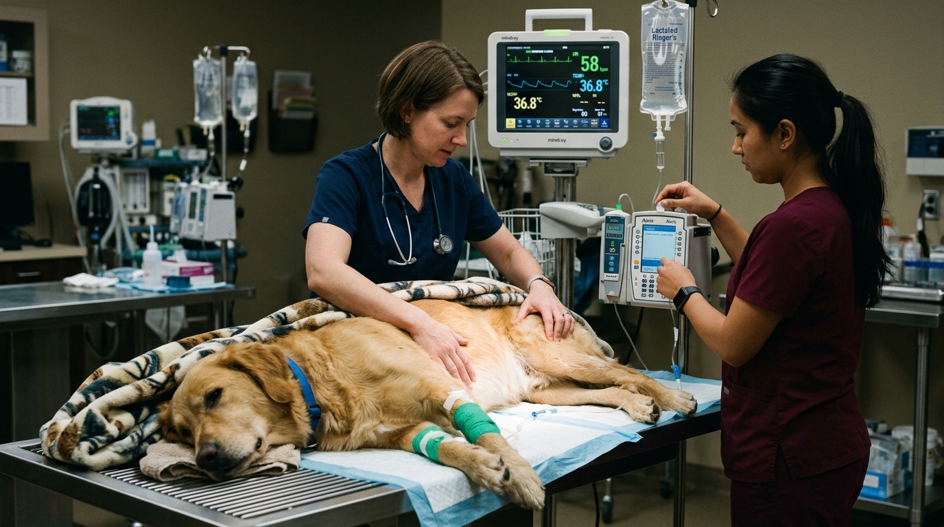 Veterinary clinical team treating recumbent canine patient in ICU with IV fluids and patient monitor displaying bradycardia