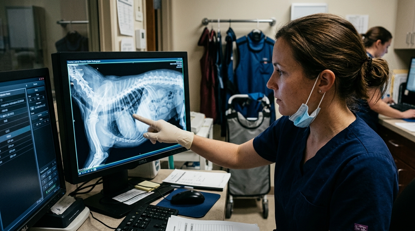 Veterinarian examining canine chest radiograph showing extensive chemical aspiration pneumonitis on high-resolution hospital monitor