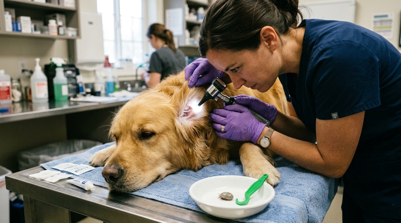 Veterinarian examining periauricular skin of Golden Retriever with illuminated otoscope beside ceramic dish containing engorged tick specimen