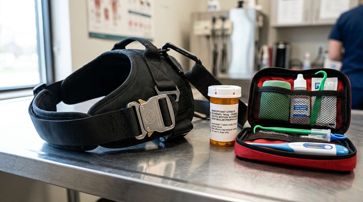 Figure 1: Canine Automotive Safety & Motion Sickness Pharmacology Exhibit — Macro display of a crash-tested canine travel harness with heavy-duty tensile hardware, veterinary maropitant citrate (Cerenia) vestibular prophylaxis, and emergency cohesive travel first-aid supplies.