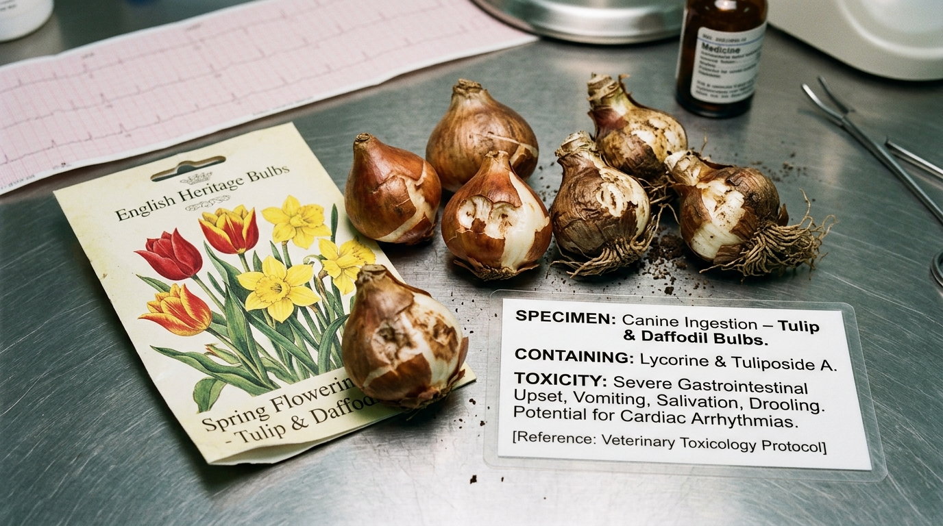 Figure 1: Canine Tulip & Daffodil Bulb Lycorine Exhibit — Macro forensic display of chewed dormant bulbs showing concentrated inner flesh alongside clinical toxicology identification, medical activated charcoal, and ECG rhythm strip warning of lycorine-induced bradyarrhythmias and gastroenteritis.