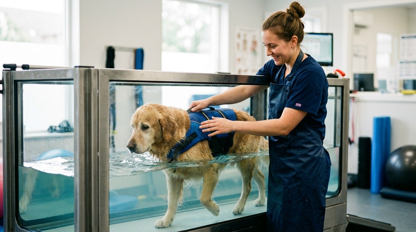 Canine recovering from orthopedic surgery exercising inside veterinary underwater treadmill