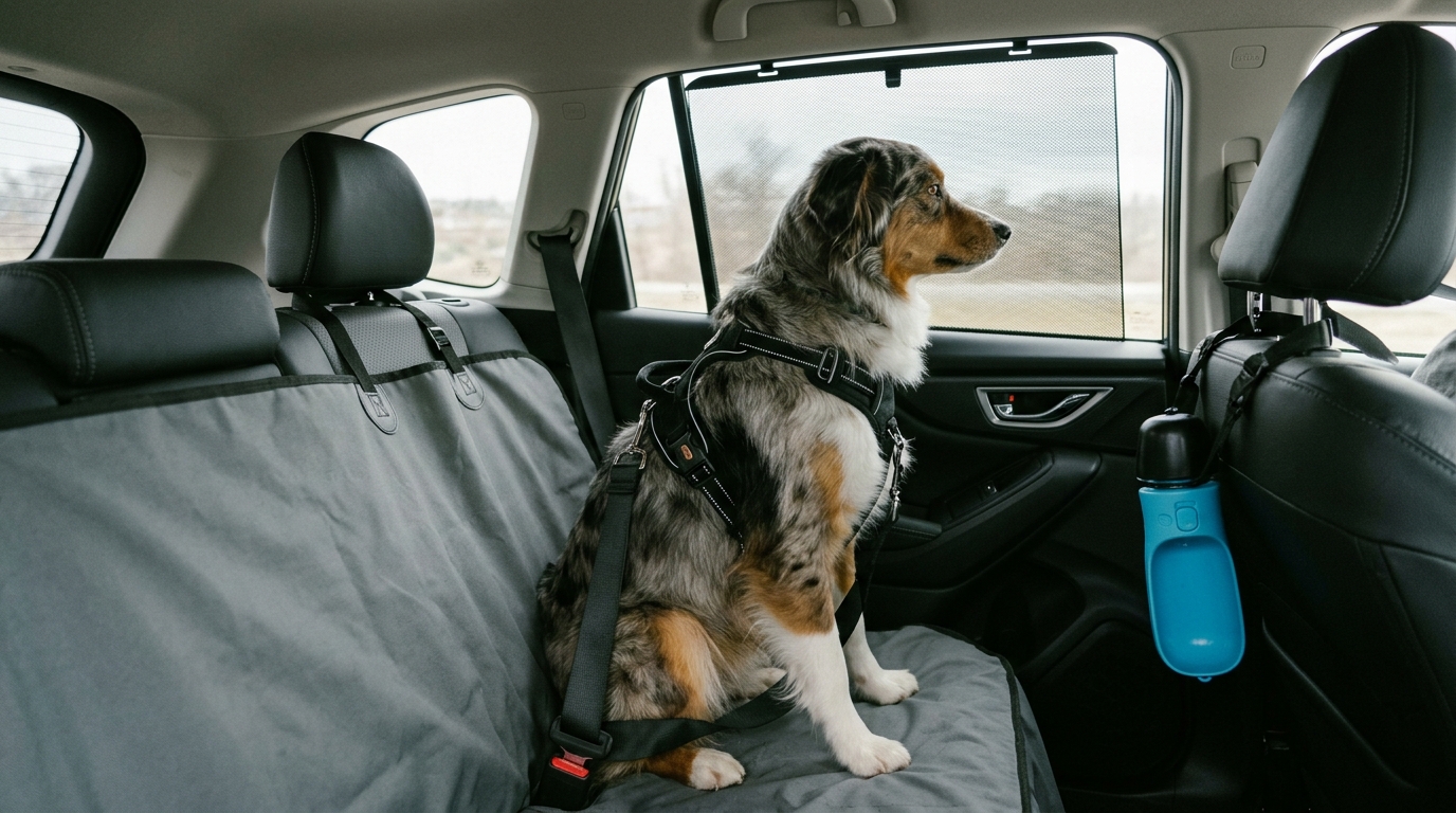 Figure 2: Automotive Three-Point Seatbelt Restraint Protocol — A canine passenger safely buckled into a rear seatbelt harness over a waterproof seat hammock in an SUV, equipped with shade screens and fresh water dispensing systems to ensure crash safety and thermal comfort.