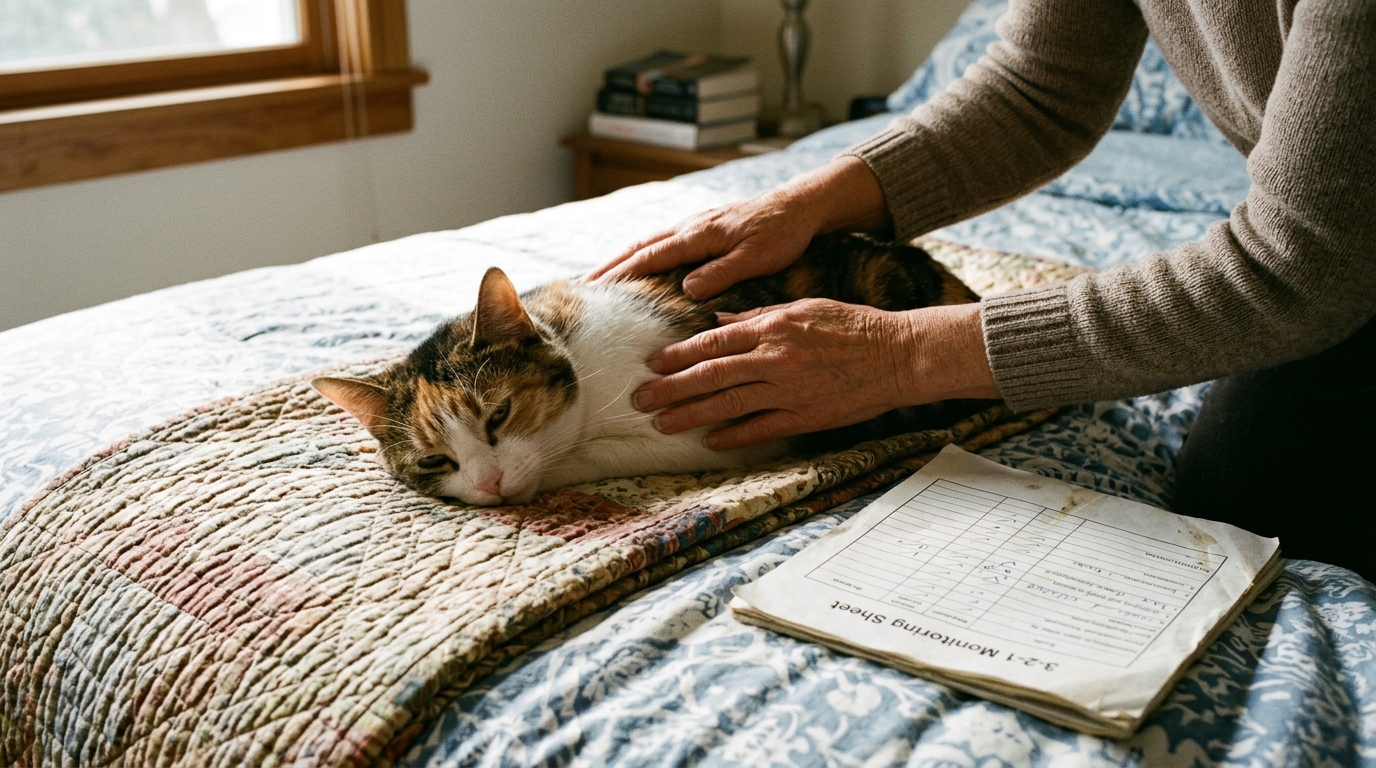 Figure 2: In-Home Feline Post-Vaccination Palpation Surveillance — A caregiver gently palpating the scruff and distal hindlimb of a calm, relaxed domestic cat on a bedroom runner, cross-referencing physical findings with the 3-2-1 monitoring sheet.