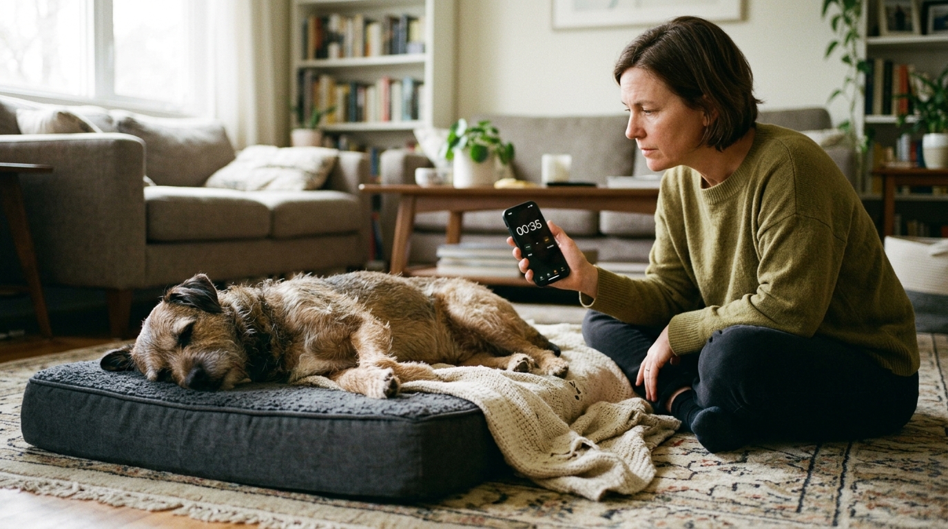 Figure 2: Non-Invasive Sleeping Respiratory Rate Measurement at Home — A pet caregiver quietly timing chest wall excursions on a sleeping senior dog with a smartphone stopwatch without waking the animal, providing early clinical detection of pulmonary edema.