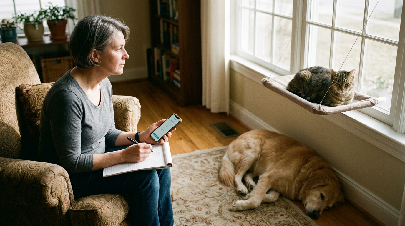 Figure 2: Stress-Free Distant Home Observation in Multi-Pet Homes — A caregiver quietly logging resting respiratory rates and behavior for an ailing cat on an elevated perch from across the room, preserving behavioral consent while a dog rests calmly below.