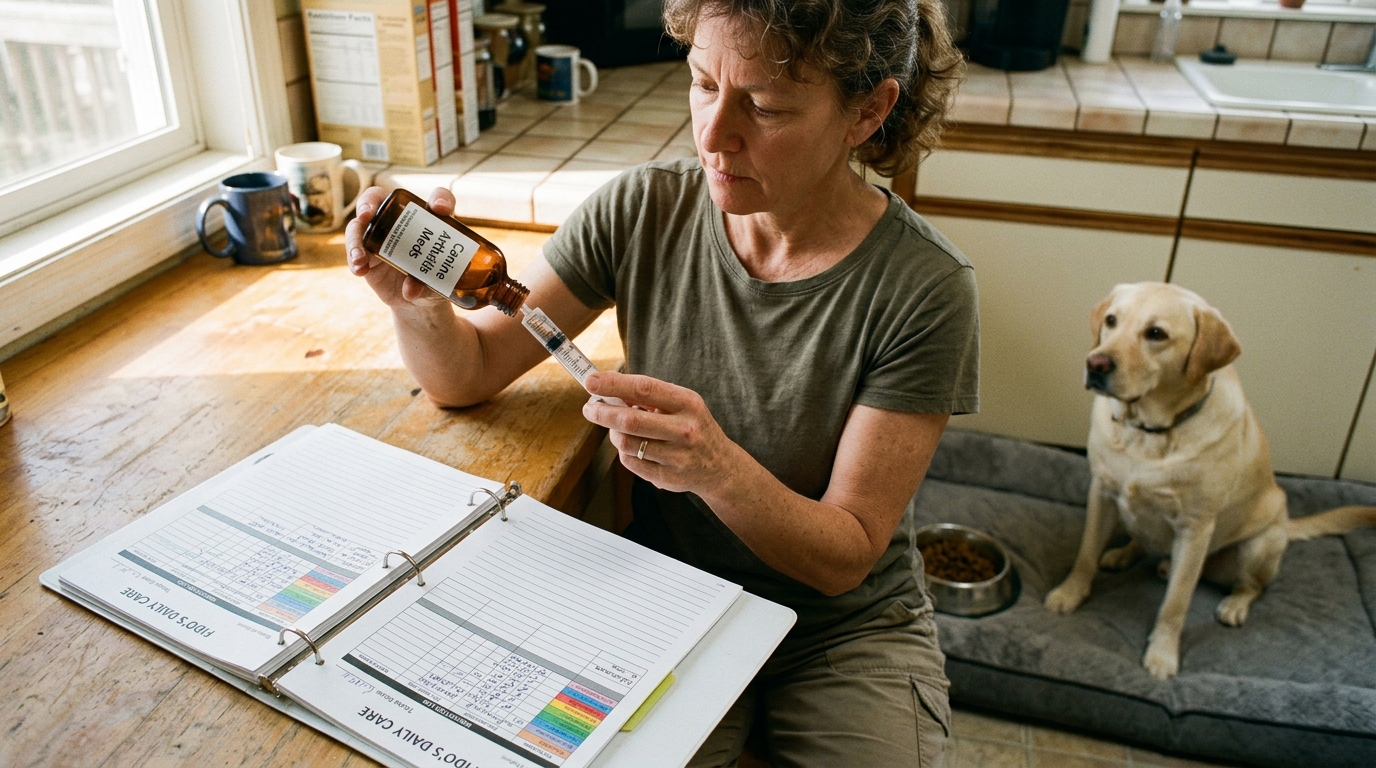 Figure 2: Precise Oral Syringe Liquid Dosing Technique — A pet caregiver referencing an organized medical care binder while accurately measuring liquid medication in an oral syringe for a patient Labrador retriever waiting calmly in a sunlit kitchen.