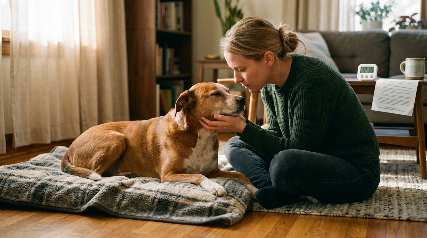 Figure 2: Post-Vaccination Home Supervision & Facial Symmetry Check — A caregiver carefully monitoring a resting rescue dog for facial swelling, hives, or lethargy on an orthopedic blanket, referencing clinic discharge instructions.