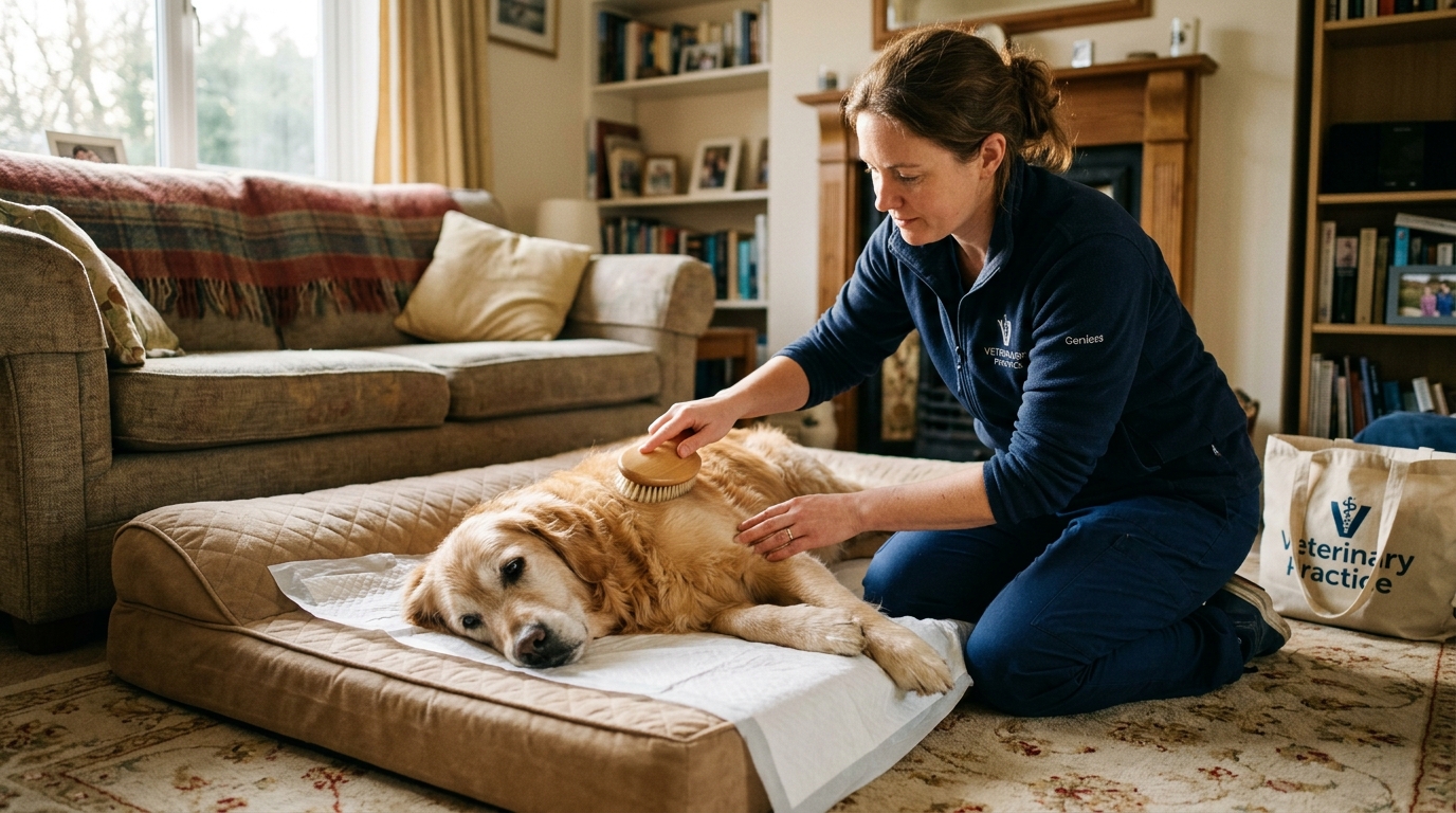 Caregiver gently comforting a senior dog on supportive padded bedding