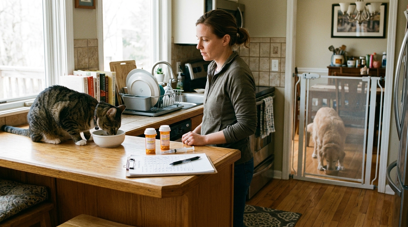 Figure 2: Separated Mealtime Medication Administration in Multi-Pet Homes — A caregiver supervising mealtime in a domestic kitchen, ensuring a cat finishes its medicated meal on an elevated island while a dog eats behind a closed mesh baby gate to prevent accidental drug ingestion.